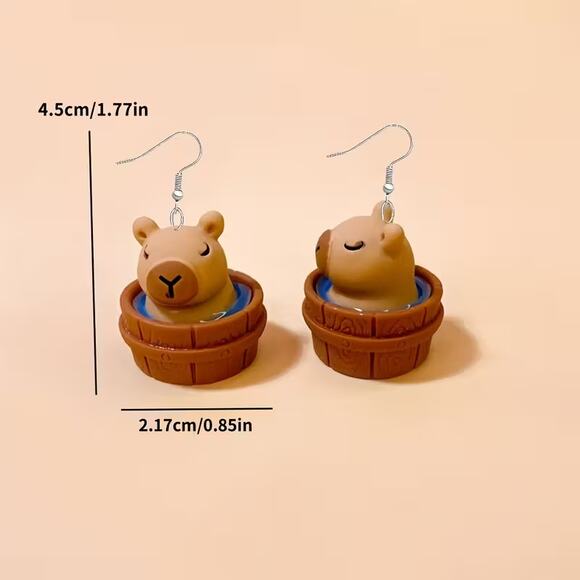 Handmade 3D Capybara Cute Bucket Bathing Earrings - Picture 2 of 3